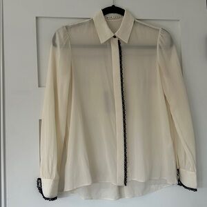ALICE + OLIVIA Ivory Long Sleeve Lace Trim Silk Blend Blouse